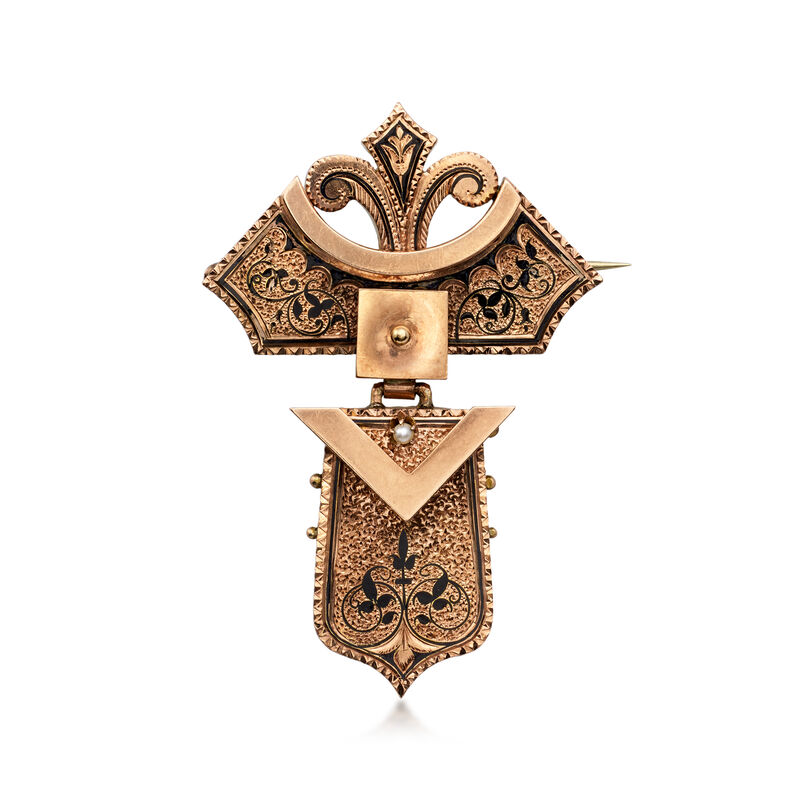 C. 1920 Vintage 14kt Rose Gold Pin with Black Enamel and Single Seed Pearl image number 0