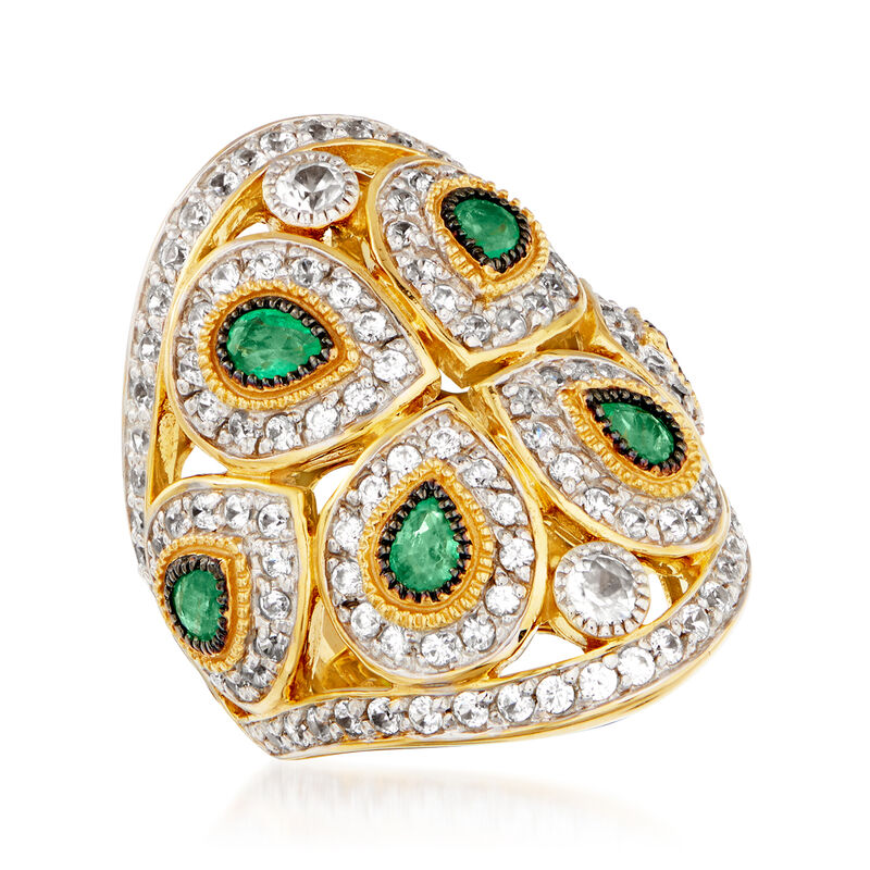 2.10 ct. t.w. White Zircon and 1.20 ct. t.w. Emerald Ring in 18kt Gold Over Sterling image number 3