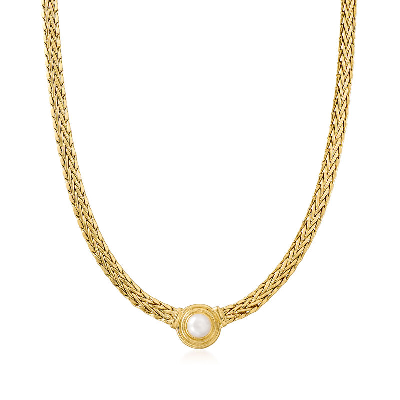 8mm Cultured Pearl Flat Wheat-Chain Necklace in 18kt Gold Over Sterling image number 0