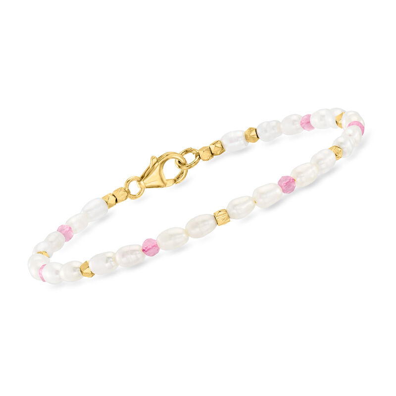 3x5mm Cultured Pearl and 1.00 ct. t.w. Pink Tourmaline Bead Station Bracelet with 18kt Gold Over Sterling image number 0