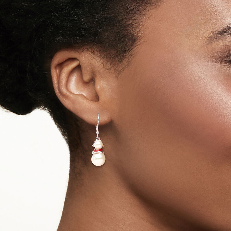 5-8.5mm Cultured Pearl Snowman Drop Earrings with Red Enamel in Sterling Silver image number 1