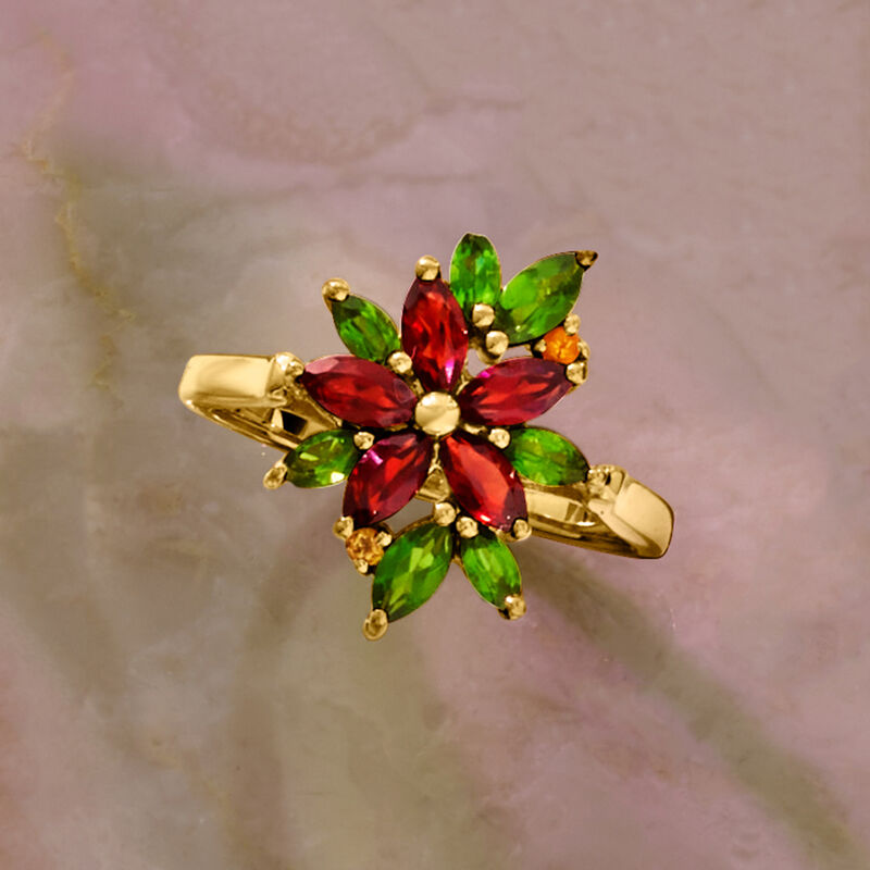1.20 ct. t.w. Garnet and .90 ct. t.w. Chrome Diopside Flower Ring with Citrines in 18kt Gold Over Sterling image number 4