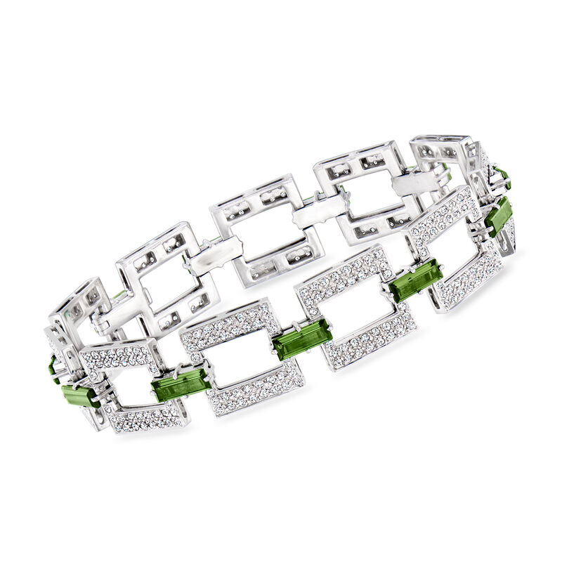 C. 1990 Vintage 5.50 ct. t.w. Green Tourmaline and 3.96 ct. t.w. Diamond Square-Link Bracelet in 18kt White Gold. 7.5&quot; image number 0