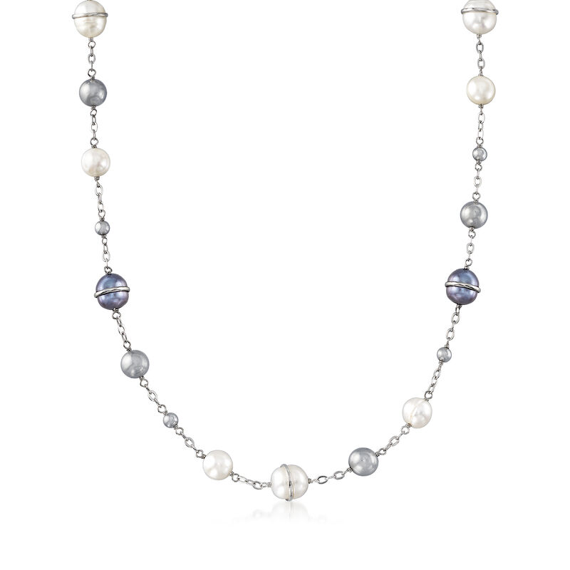 8-10mm Cultured Black and White Pearl and Hematite Necklace in Sterling Silver image number 0
