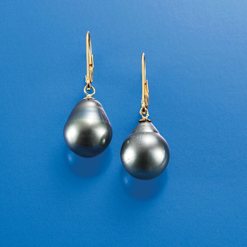 11-12mm Black Cultured Tahitian Pearl Earrings in 14kt Yellow Gold image number 2