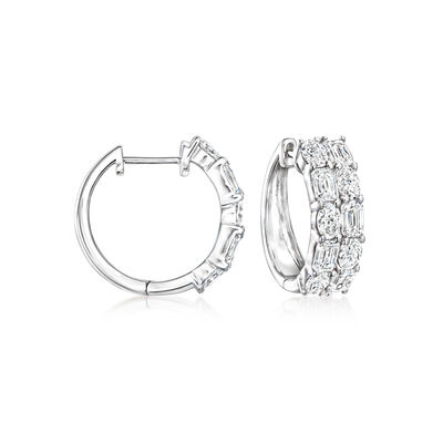 2.50 ct. t.w. Oval and Emerald-Cut Lab-Grown Diamond Two-Row Hoop Earrings in 14kt White Gold