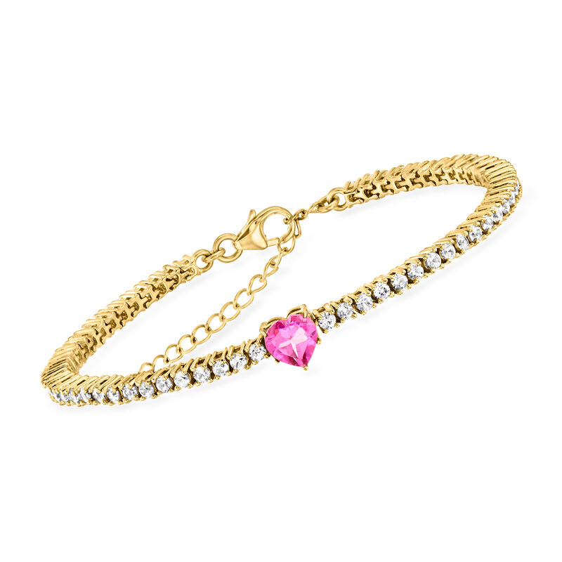 .50 Carat Heart-Shaped Pink Topaz and 3.50 ct. t.w. White Zircon Tennis Bracelet in 18kt Gold Over Sterling. 7&quot; image number 0