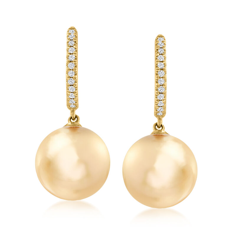 10-11mm Golden South Sea Pearl and .11 ct. t.w. Diamond Hoop Drop Earrings in 14kt Yellow Gold  image number 0