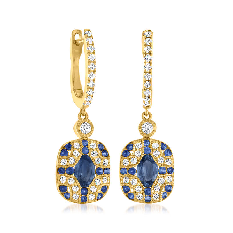 1.70 ct. t.w. Sapphire and .61 ct. t.w. Diamond Milgrain Drop Earrings in 14kt Yellow Gold  image number 2
