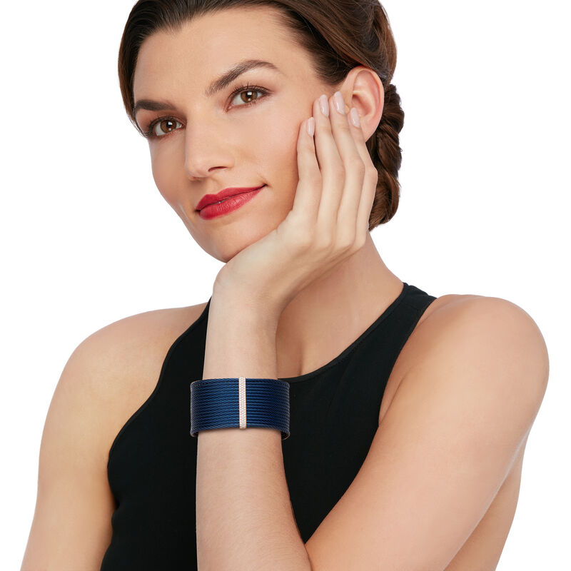 ALOR &quot;Classique&quot; .56 ct. t.w. Diamond Blue Stainless Steel Cable Cuff Bracelet with 18kt Rose Gold. 7&quot; image number 1