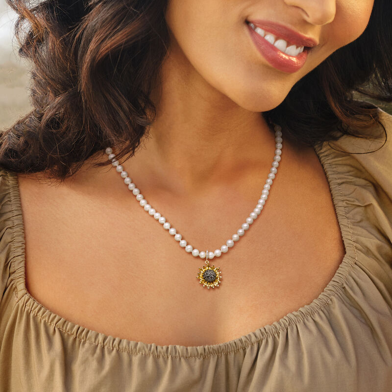 5-5.5mm Cultured Pearl Necklace with Removable 2.53 ct. t.w. Multi-Gemstone Sunflower Pendant in 18kt Gold Over Sterling. 18&quot; image number 1
