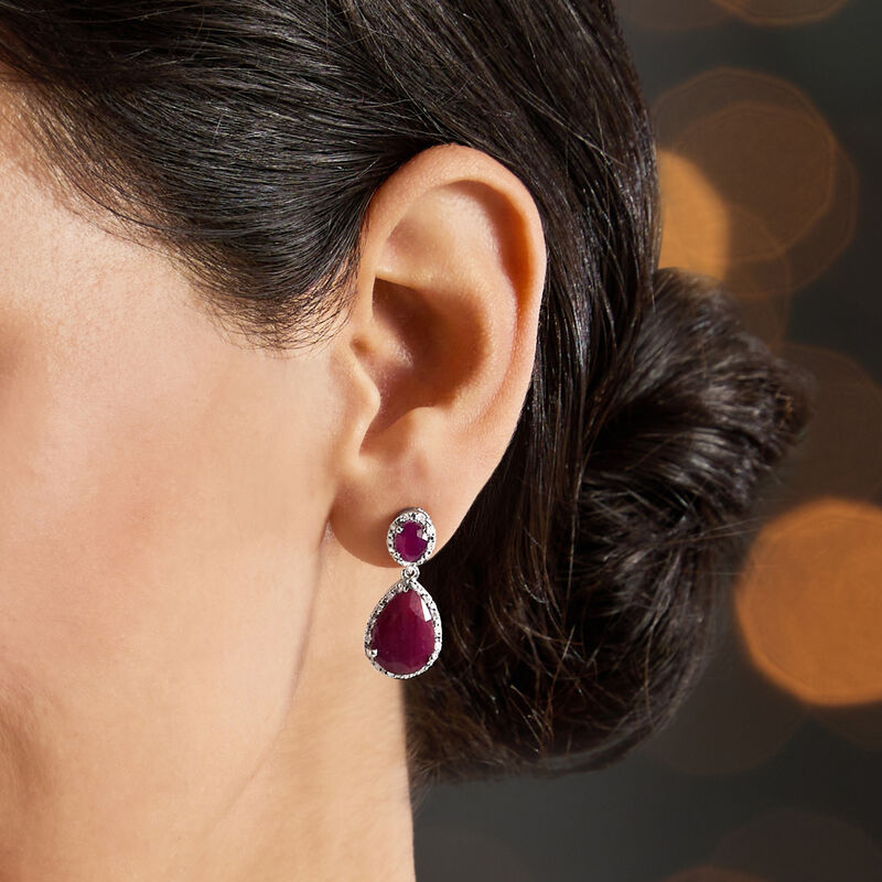 12.90 ct. t.w. Ruby and .35 ct. t.w. Diamond Drop Earrings in Sterling Silver image number 6