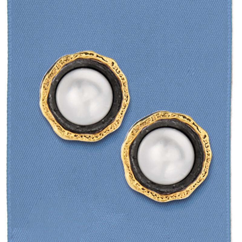 8.5-9mm Cultured Button Pearl Stud Earrings in Sterling Silver and 14kt Yellow Gold image number 3