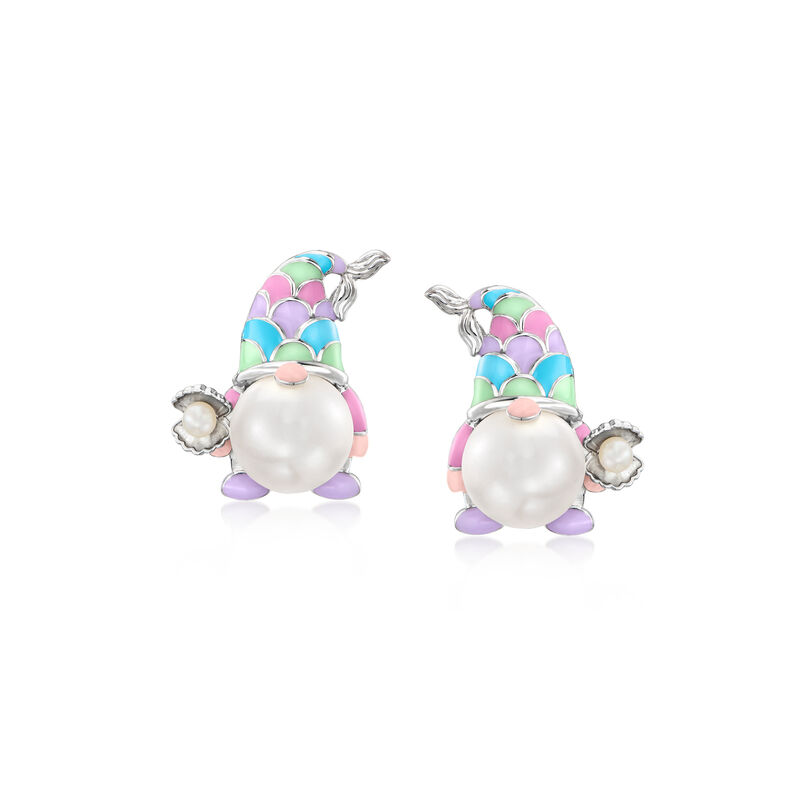 2-8.5mm Cultured Pearl and Multicolored Enamel Mermaid Gnome Earrings in Sterling Silver  image number 0
