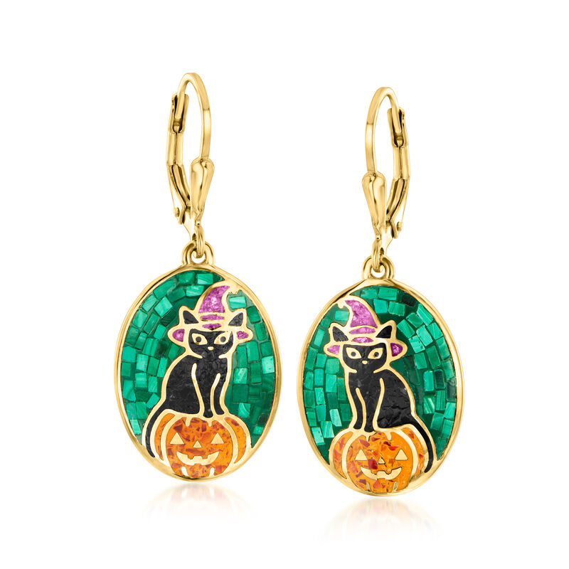 Multi-Gemstone Halloween Cat and Pumpkin Mosaic Drop Earrings in 18kt Gold Over Sterling  image number 0