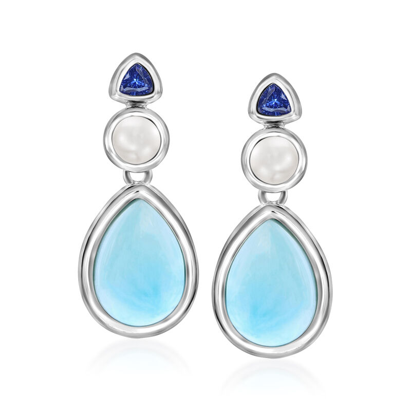 Larimar, 4mm Cultured Pearl and .10 ct. t.w. Simulated Tanzanite Drop Earrings in Sterling Silver  image number 0