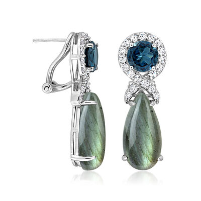 Green Labradorite, 4.50 ct. t.w. London Blue Topaz and 1.50 ct. t.w. White Topaz Drop Earrings in Sterling Silver