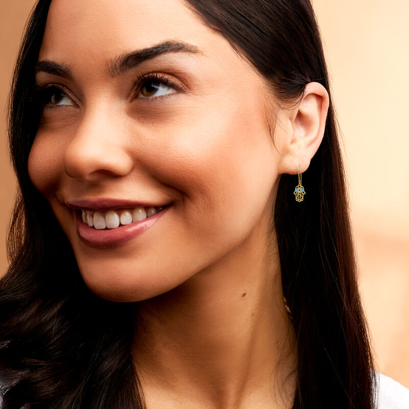 Italian 14kt Yellow Gold Evil Eye Hamsa Drop Earrings with Multicolored Enamel image number 1