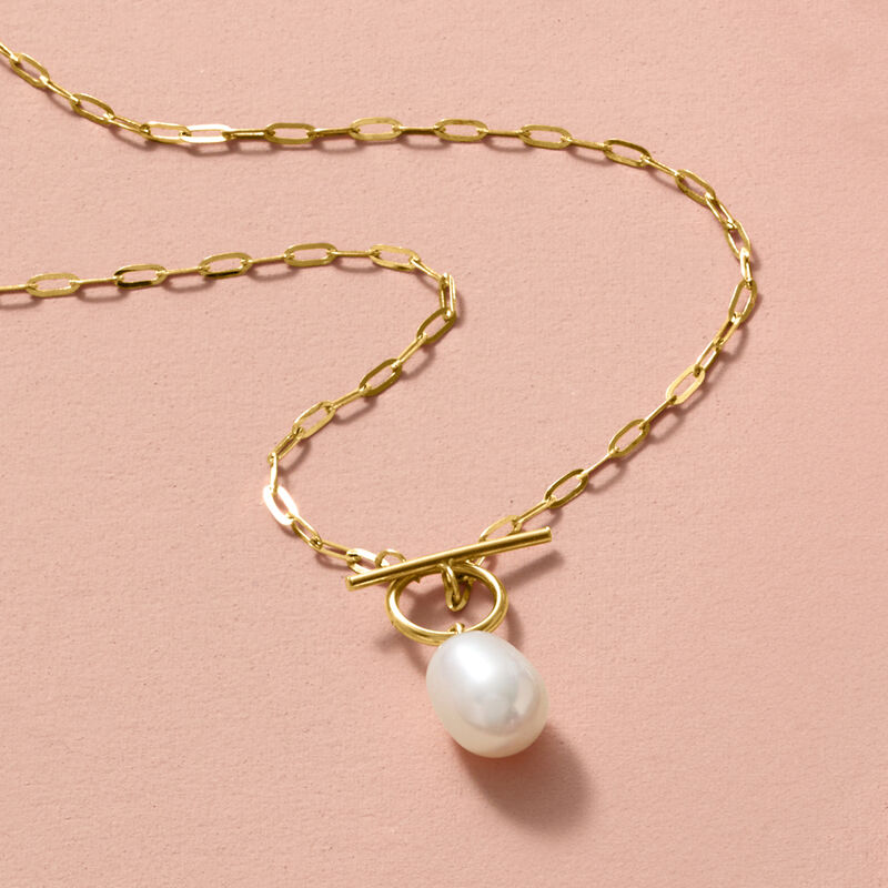 6-6.5mm Cultured Pearl Paper Clip Link Toggle Necklace in 14kt Yellow Gold. 16" image number 2