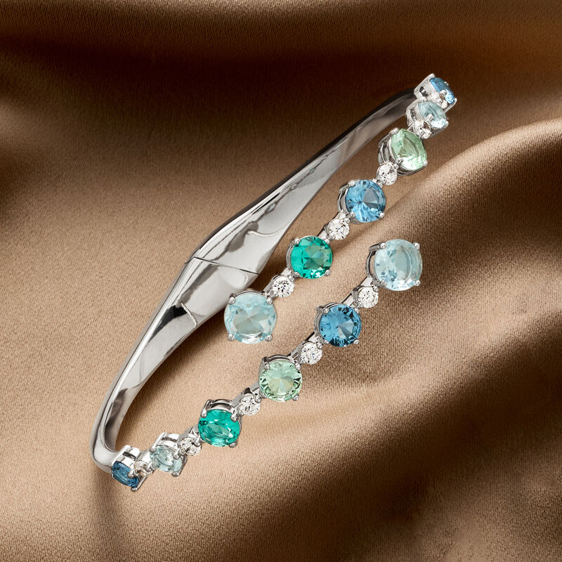 Rhodium-Plated Bypass Bangle Bracelet with Simulated Tonal Blue Gemstones and 3.80 ct. t.w. CZs image number 2