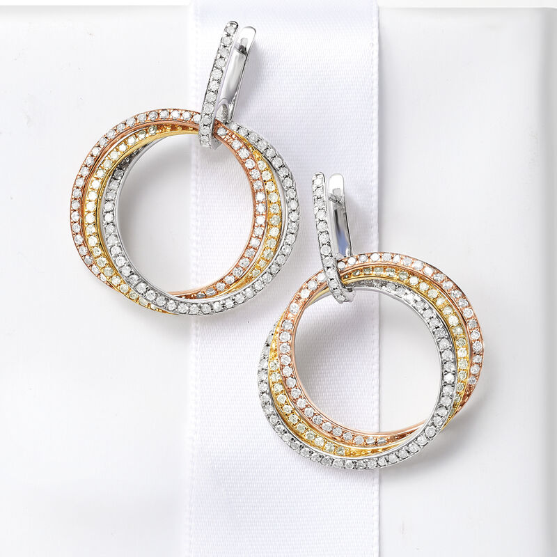 2.25 ct. t.w. Diamond Interlocking-Circle Drop Earrings in 14kt Tri-Colored Gold image number 3