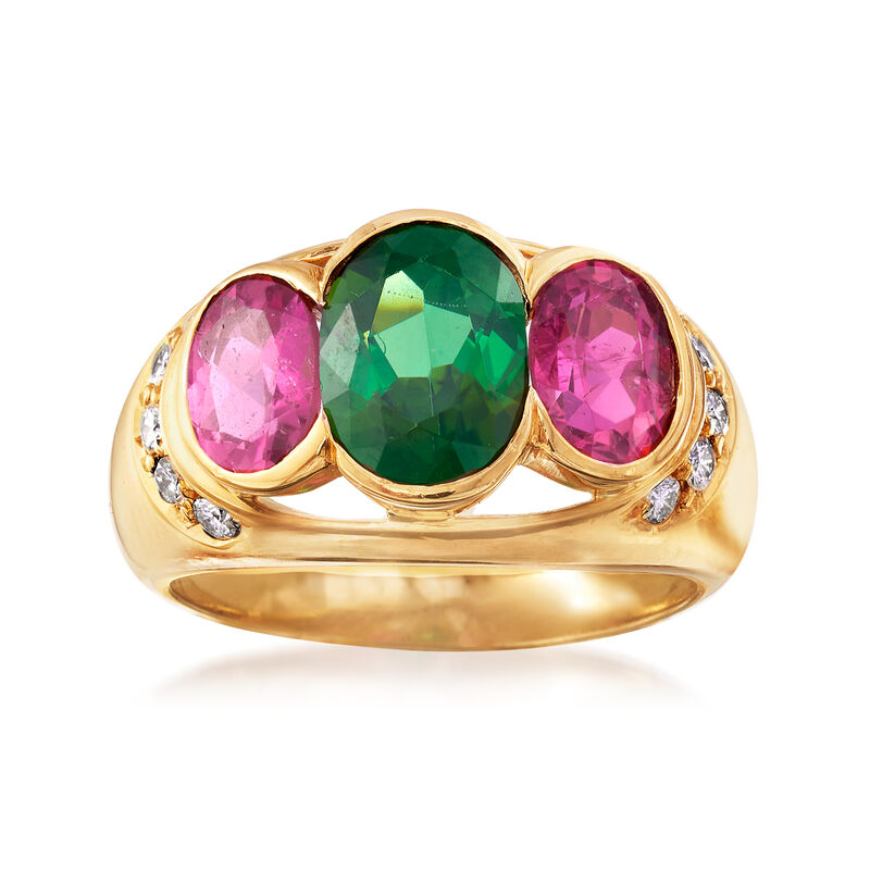 C. 1990 Vintage 3.50 ct. t.w. Green and Pink Tourmaline and .25 ct. t.w. Diamond Ring in 18kt Yellow Gold. Size 7 image number 0