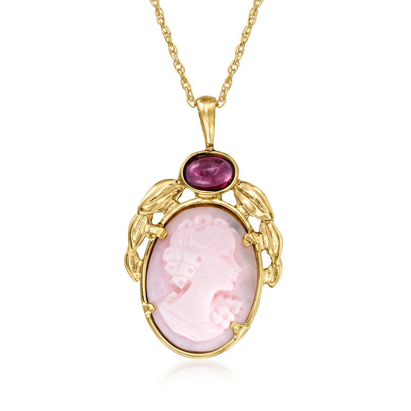 C. 1980 Vintage Pink Agate and .70 Carat Rhodolite Garnet Cameo Pendant Necklace in 14kt Yellow Gold image number 0
