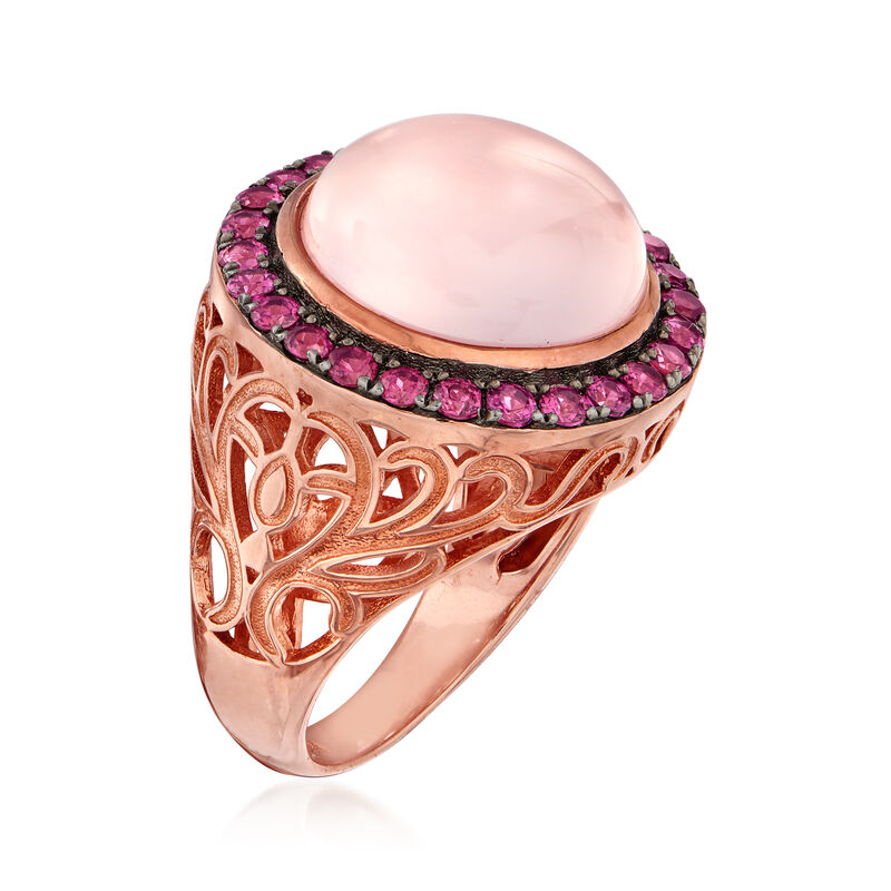 9.75 Carat Rose Quartz and 1.30 ct. t.w. Rhodolite Garnet Halo Ring in 18kt Rose Gold Over Sterling image number 2
