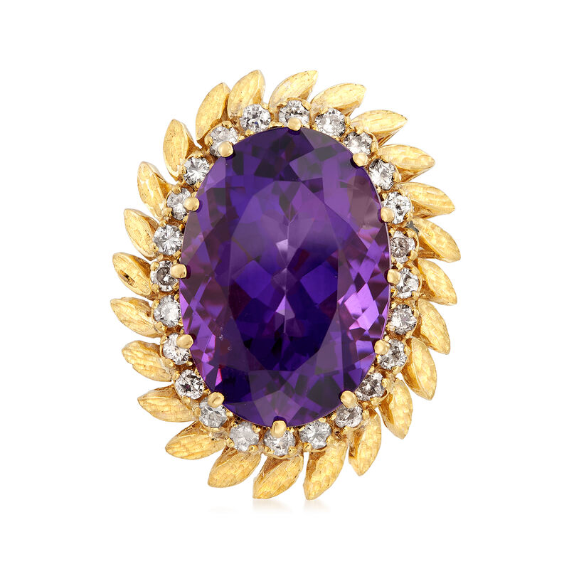 C. 1970 Vintage 26.50 Carat Amethyst and 1.20 ct. t.w. Diamond Leaf Ring in 18kt Yellow Gold image number 0