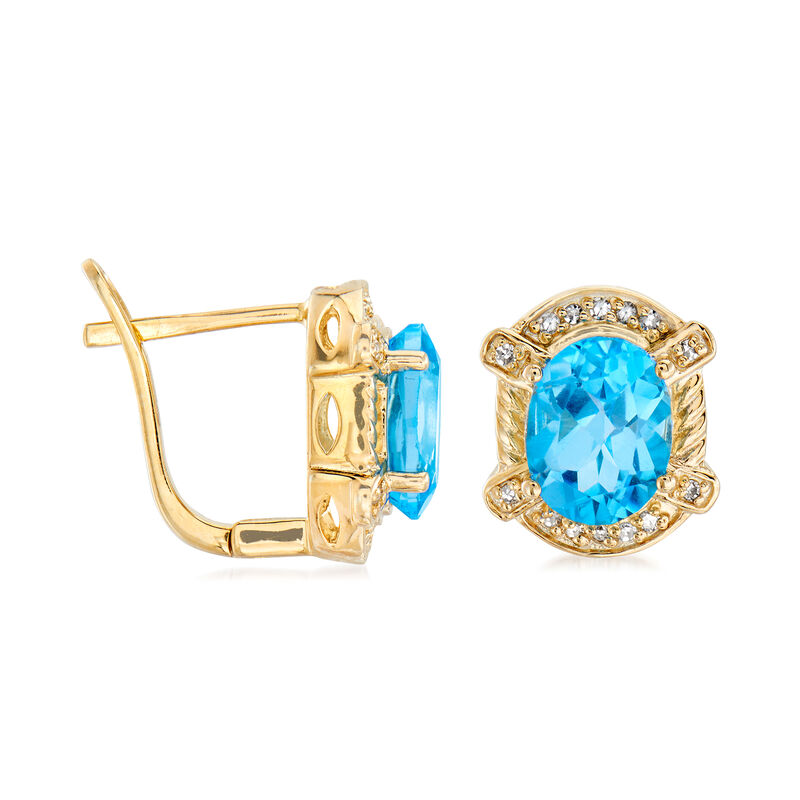 4.40 ct. t.w. Swiss Blue Topaz and .14 ct. t.w. Diamond Earrings in 18kt Gold Over Sterling image number 3