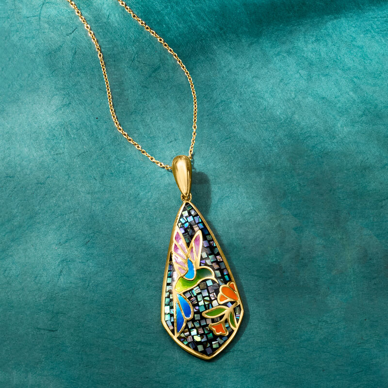 Multicolored Enamel and Abalone Shell Hummingbird Mosaic Pendant Necklace in 18kt Gold Over Sterling. 18&quot; image number 2