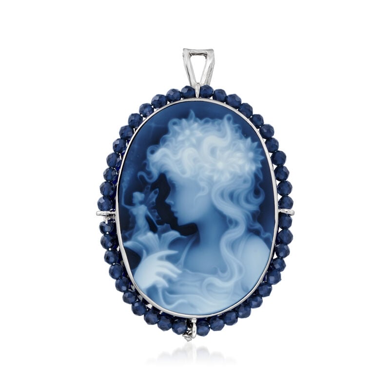 Italian Blue Agate Girl with Fairy Cameo Pin/Pendant with 2.30 ct. t.w. Blue Spinel in Sterling Silver image number 1