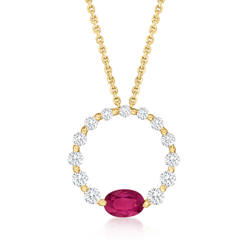 .60 Carat Ruby and .51 ct. t.w. Diamond Circle Necklace in 18kt Yellow Gold. 16&quot; image number 1