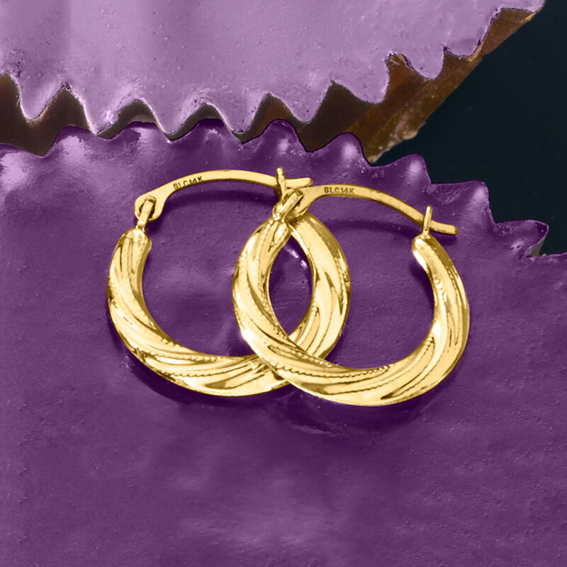 14kt Yellow Gold Small Twisted Hoop Earrings. 5/8&quot; image number 2