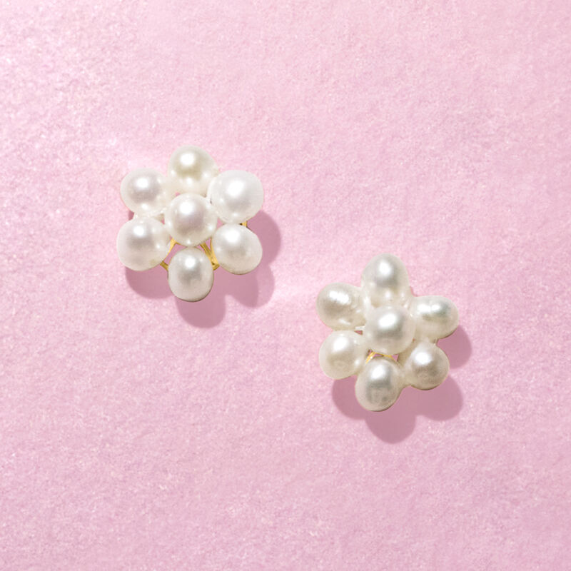 2-3mm Cultured Pearl Flower Earrings with 14kt Yellow Gold image number 3