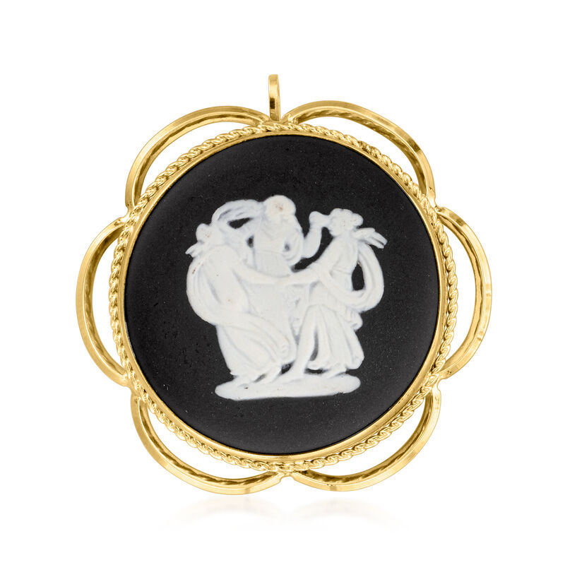 C. 1980 Vintage Wedgwood Ceramic "Dancing Ladies" Cameo Pin/Pendant in 10kt Yellow Gold image number 0
