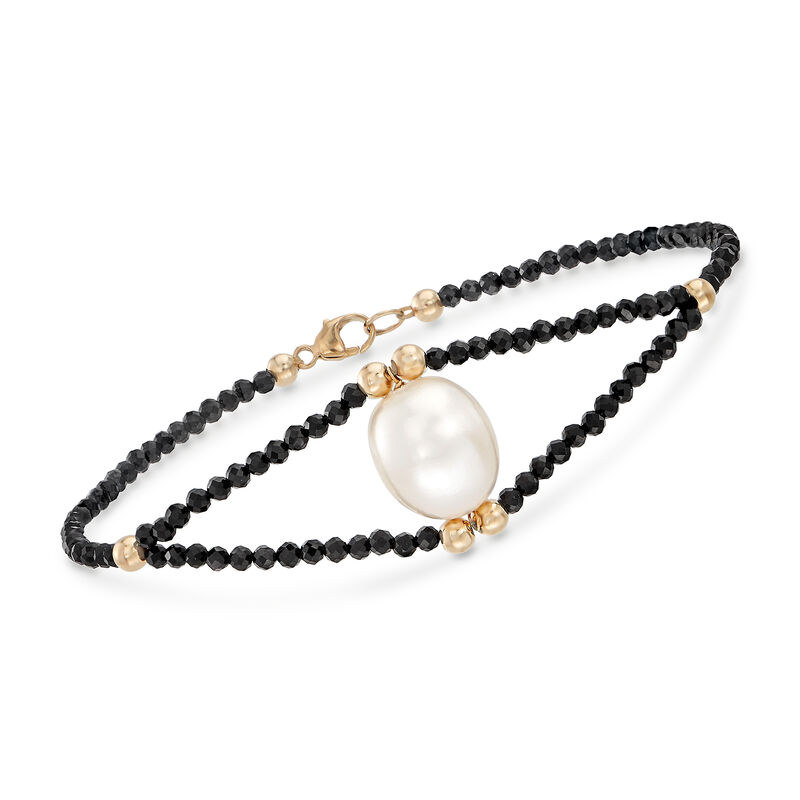 10-10.5mm Cultured Pearl and 9.00 ct. t.w. Black Spinel Bead Bracelet in 14kt Yellow Gold image number 0