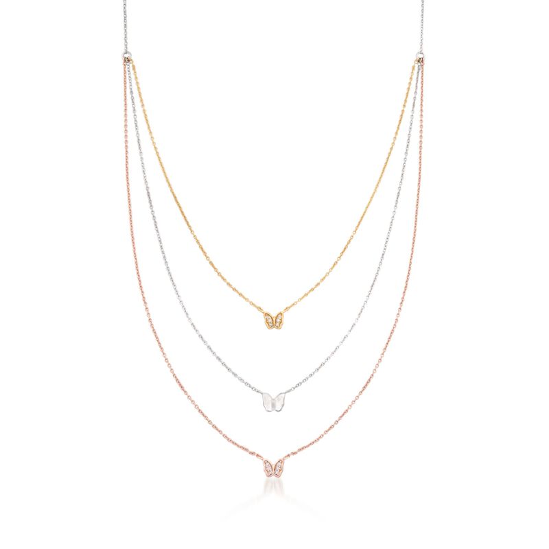 .12 ct. t.w. CZ Layered Butterfly Necklace in Tri-Colored Sterling Silver image number 0