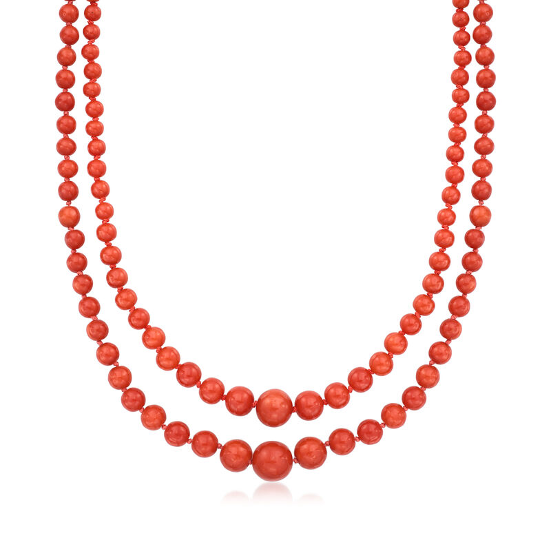 C. 1930 Vintage 4.5-11.5mm Graduated Coral Bead Two-Row Necklace with Sterling Silver. 20" image number 0