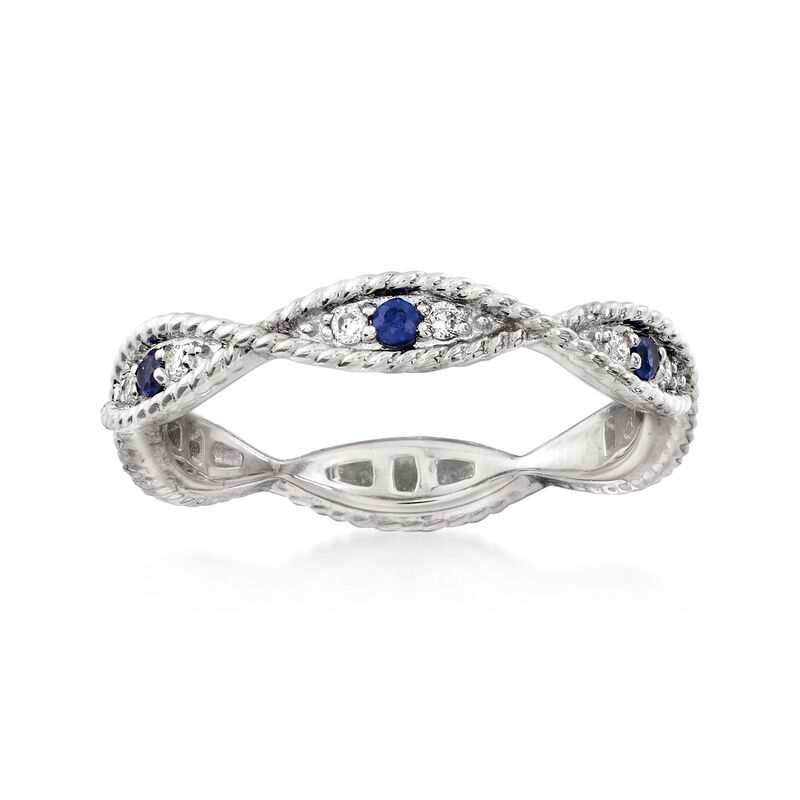 .12 ct. t.w. Diamond and .10 ct. t.w. Sapphire Milgrain Twist Eternity Band in 14kt White Gold image number 0