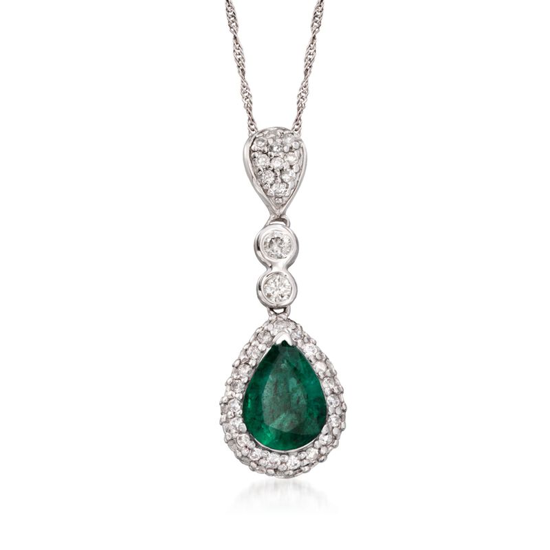 1.00 Carat Emerald and .45 ct. t.w. Diamond Pendant Necklace in 14kt White Gold. 16&quot; image number 1