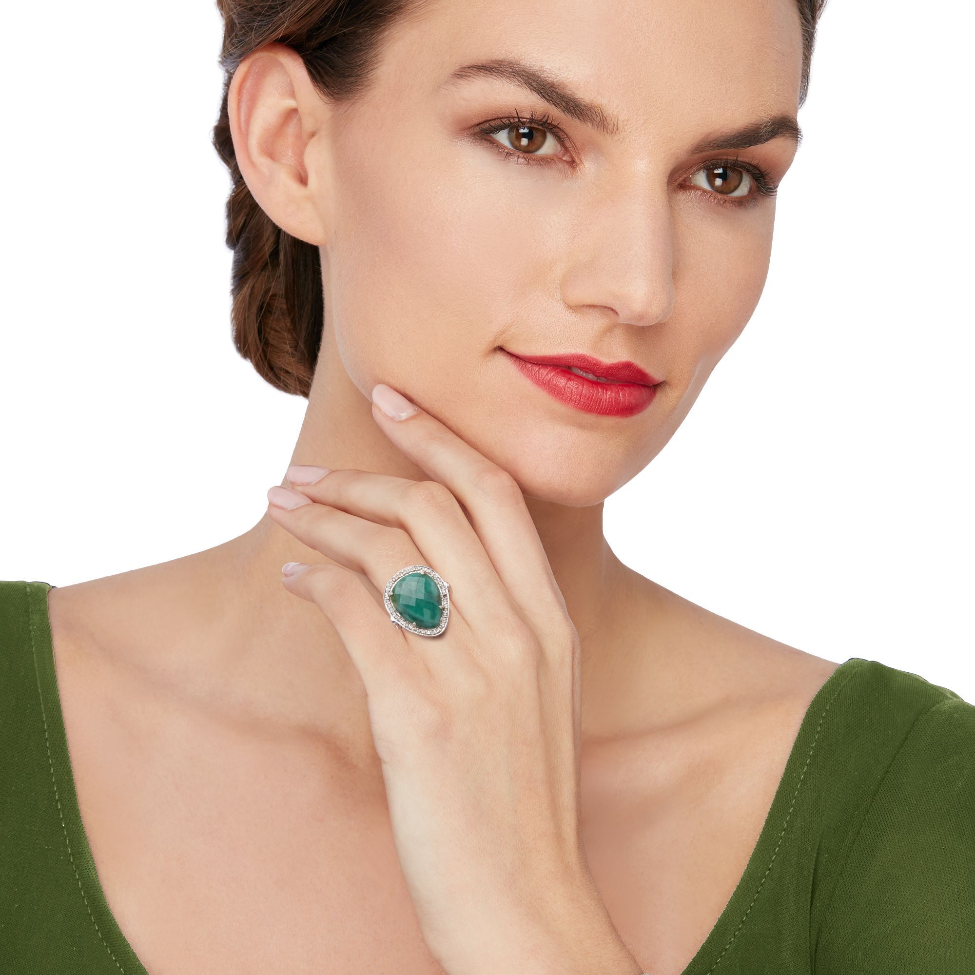 13.00 Carat Pear Shaped Opaque Emerald and .37 ct. t.w. Champagne Diamond Ring in Sterling Silver