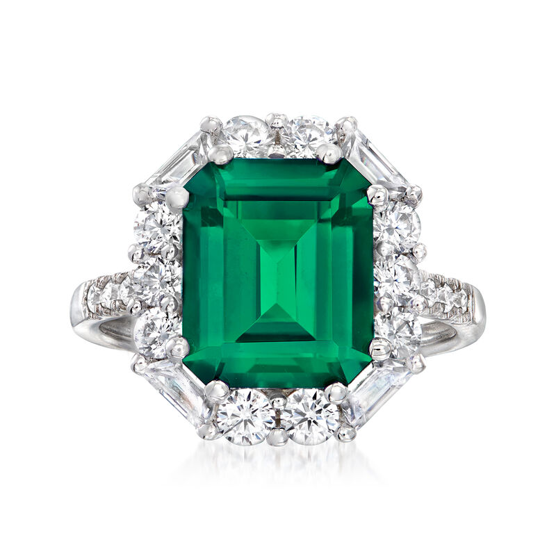 5.00 Carat Simulated Emerald Ring with 1.30 ct. t.w. CZs in Sterling Silver image number 0
