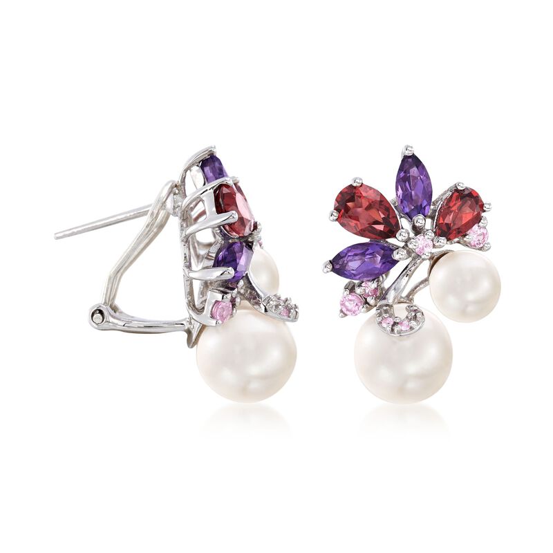 6-8.5mm Cultured Pearl and 2.70 ct. t.w. Multi-Stone Cluster Drop Earrings in Sterling Silver image number 2