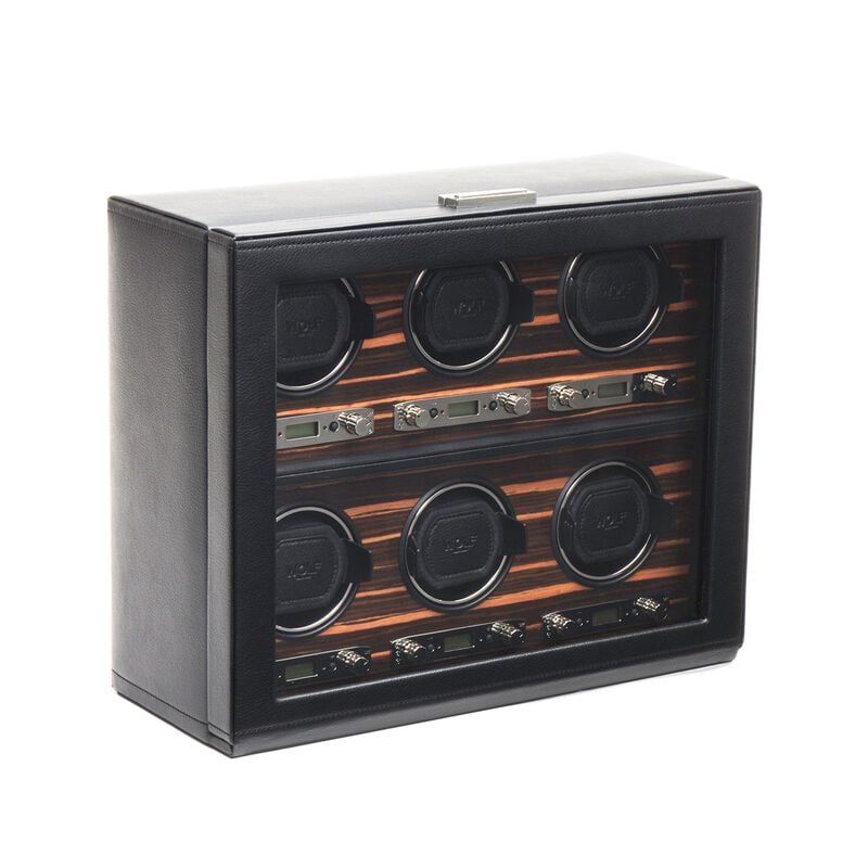 &quot;Roadster&quot; Black and Ebony Macassar Six-Module Watch Winder by WOLF Designs image number 0