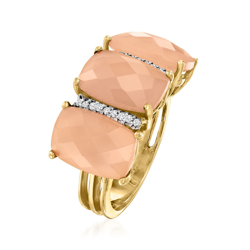 Peach Agate Three-Stone Ring with .10 ct. t.w. Diamonds in 14kt Yellow Gold. Size 7 image number 2