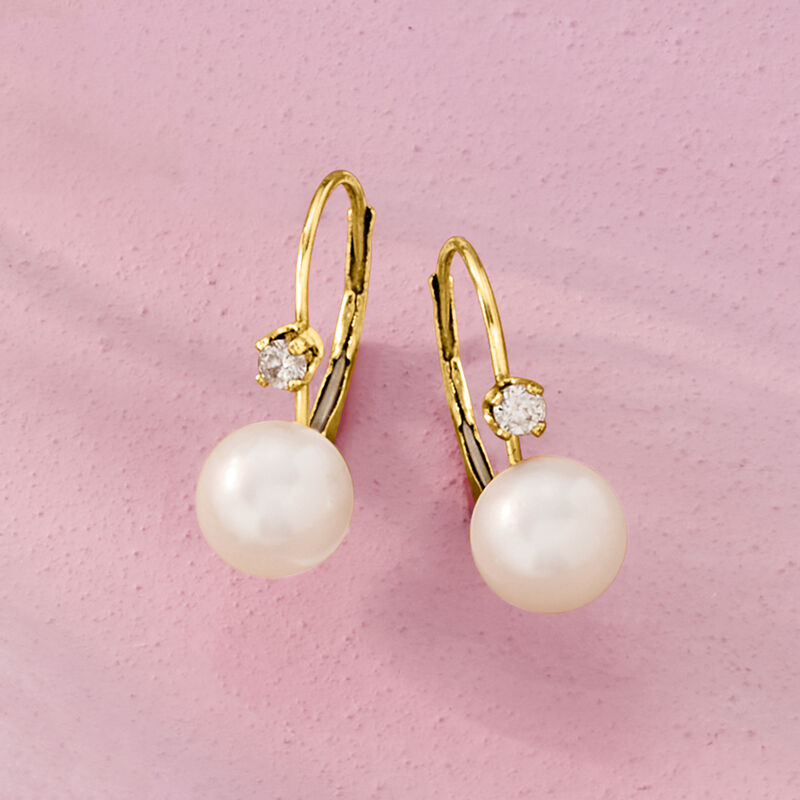 7-7.5mm Cultured Akoya Pearl Drop Earrings with .10 ct. t.w. Diamonds in 14kt Yellow Gold  image number 3