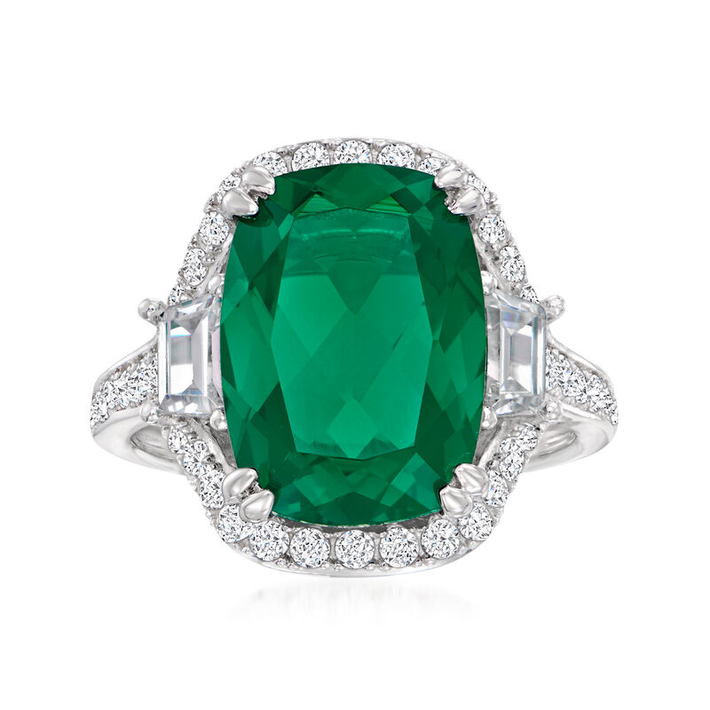 6.50 Carat Simulated Emerald Ring with 1.00 ct. t.w. CZs in Sterling Silver image number 0