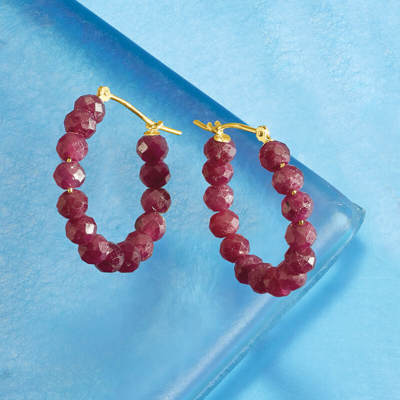 13.00 ct. t.w. Ruby Bead Hoop Earrings with 14kt Yellow Gold. 7/8&quot; image number 3