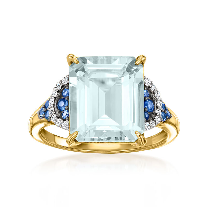 5.25 Carat Aquamarine and .20 ct. t.w. Sapphire Ring with Diamonds in 14kt Yellow Gold. Size 5 image number 0